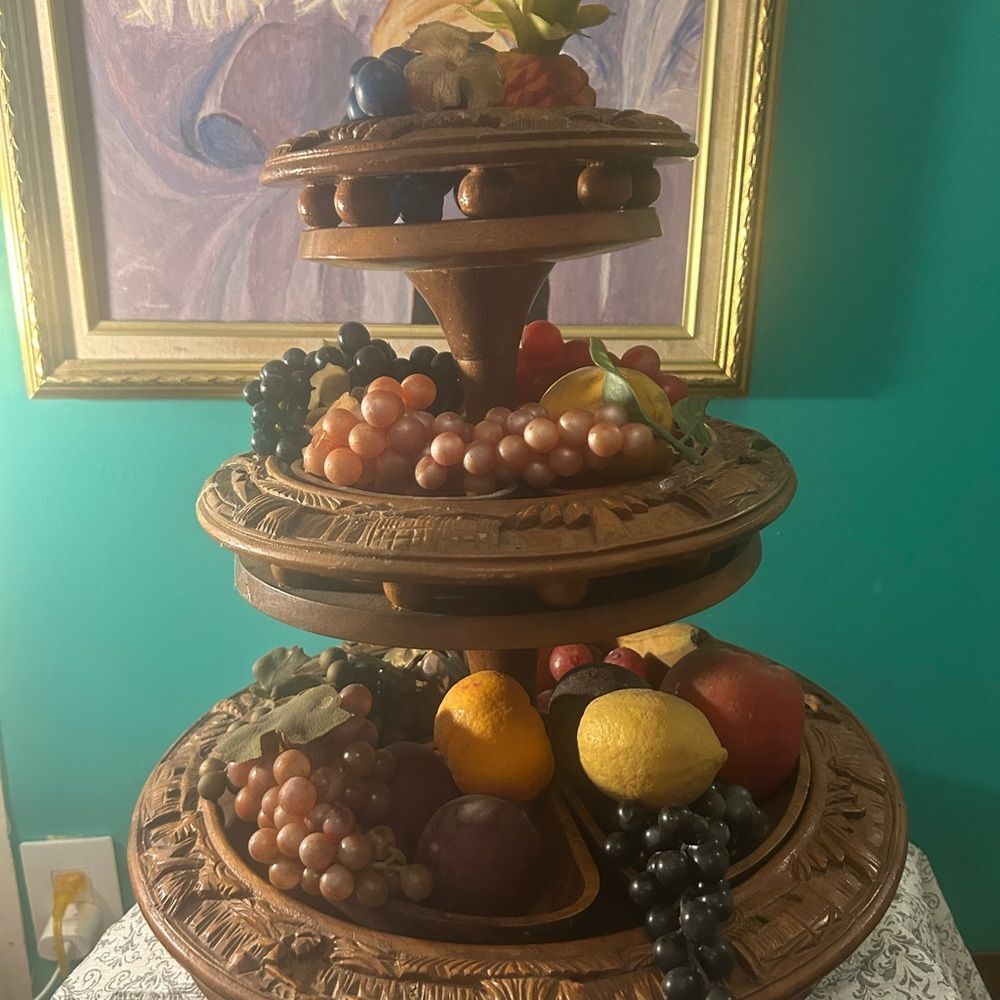 Vintage MCM Handcarved Wood Tiered Lazy Susan Faux Fruit 60s